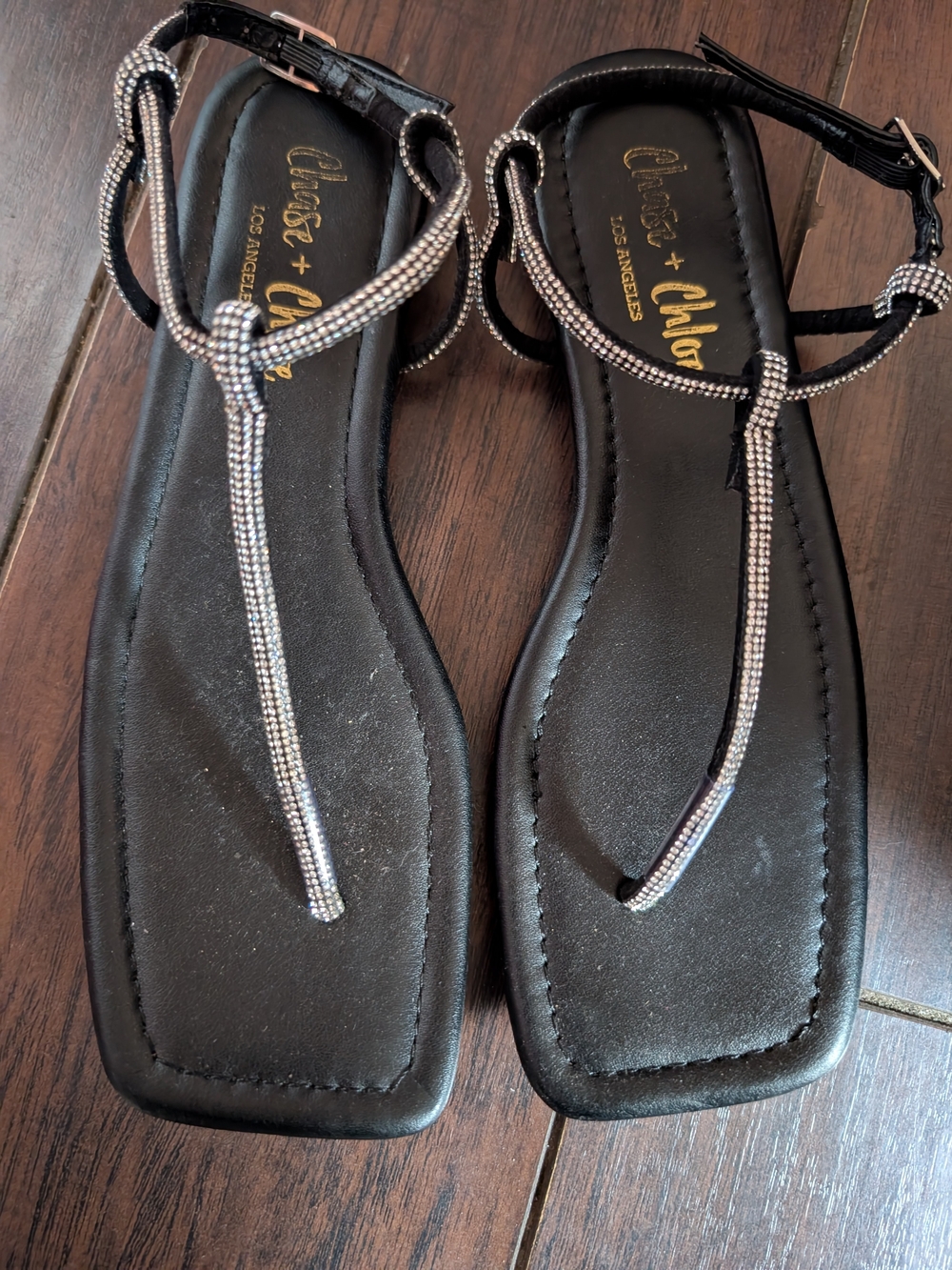 Chinese Laundry Black T-Strap Sandals with Rhinestone Accents